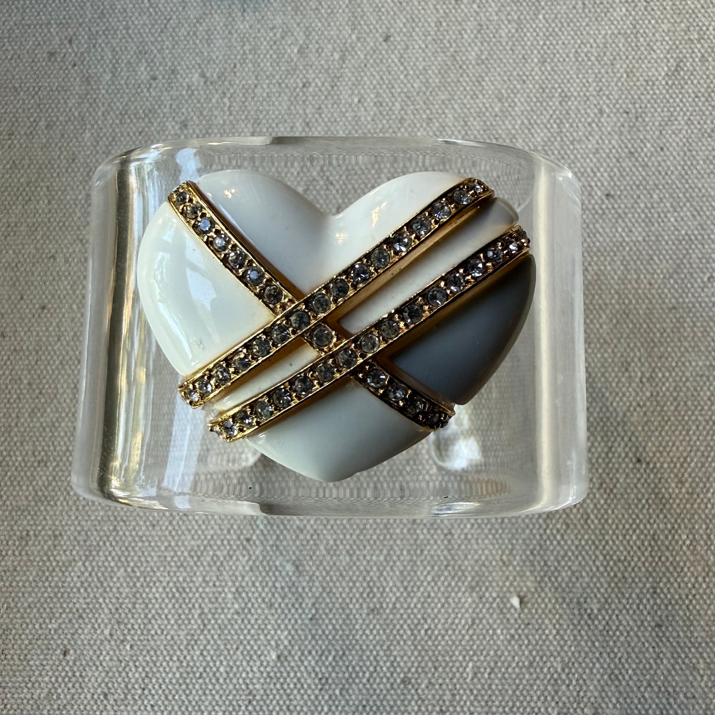 White Enamel Heart with Rhinestones Wide Acrylic Cuff (SM)