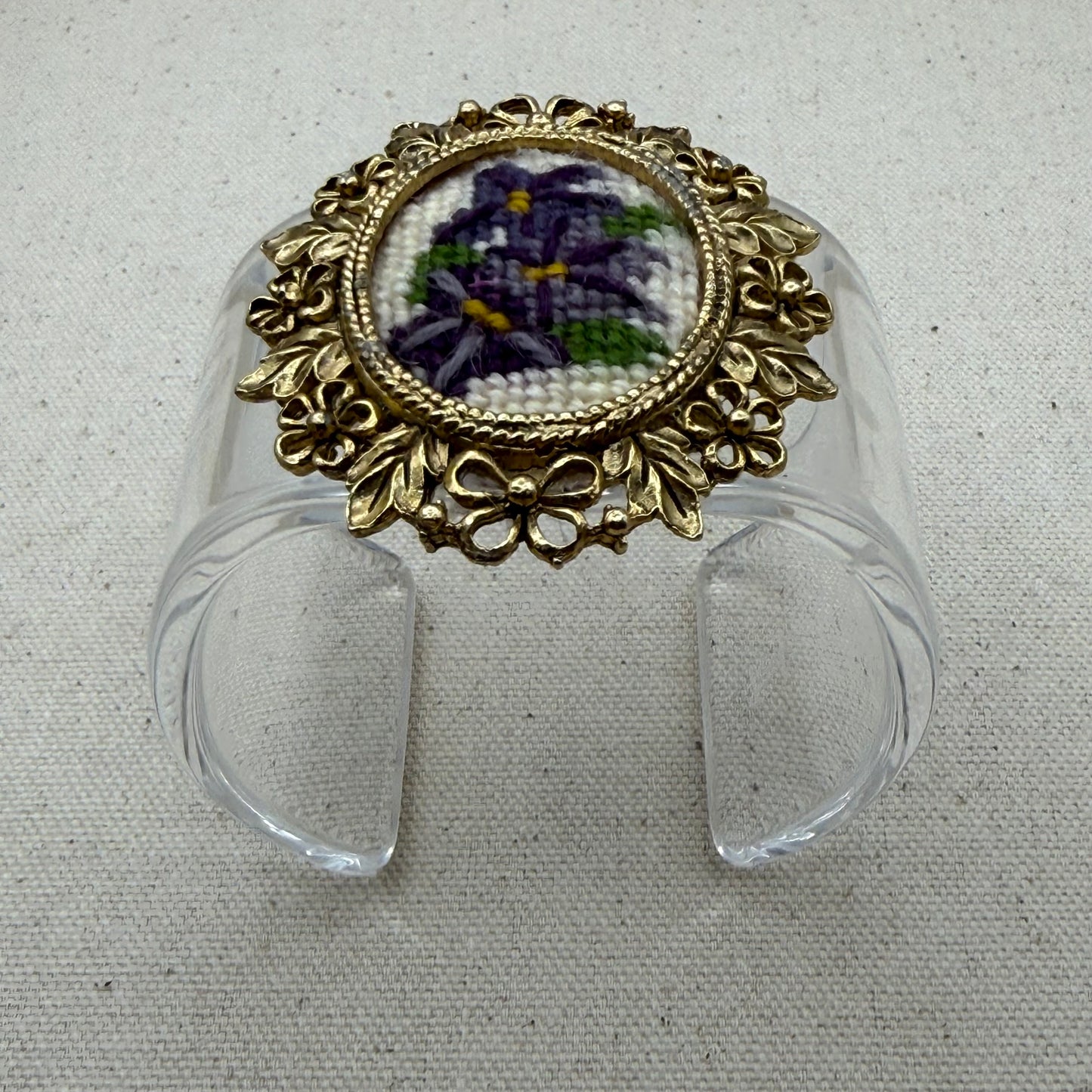 Purple Floral Needlepoint Wide Acrylic Cuff (MD)