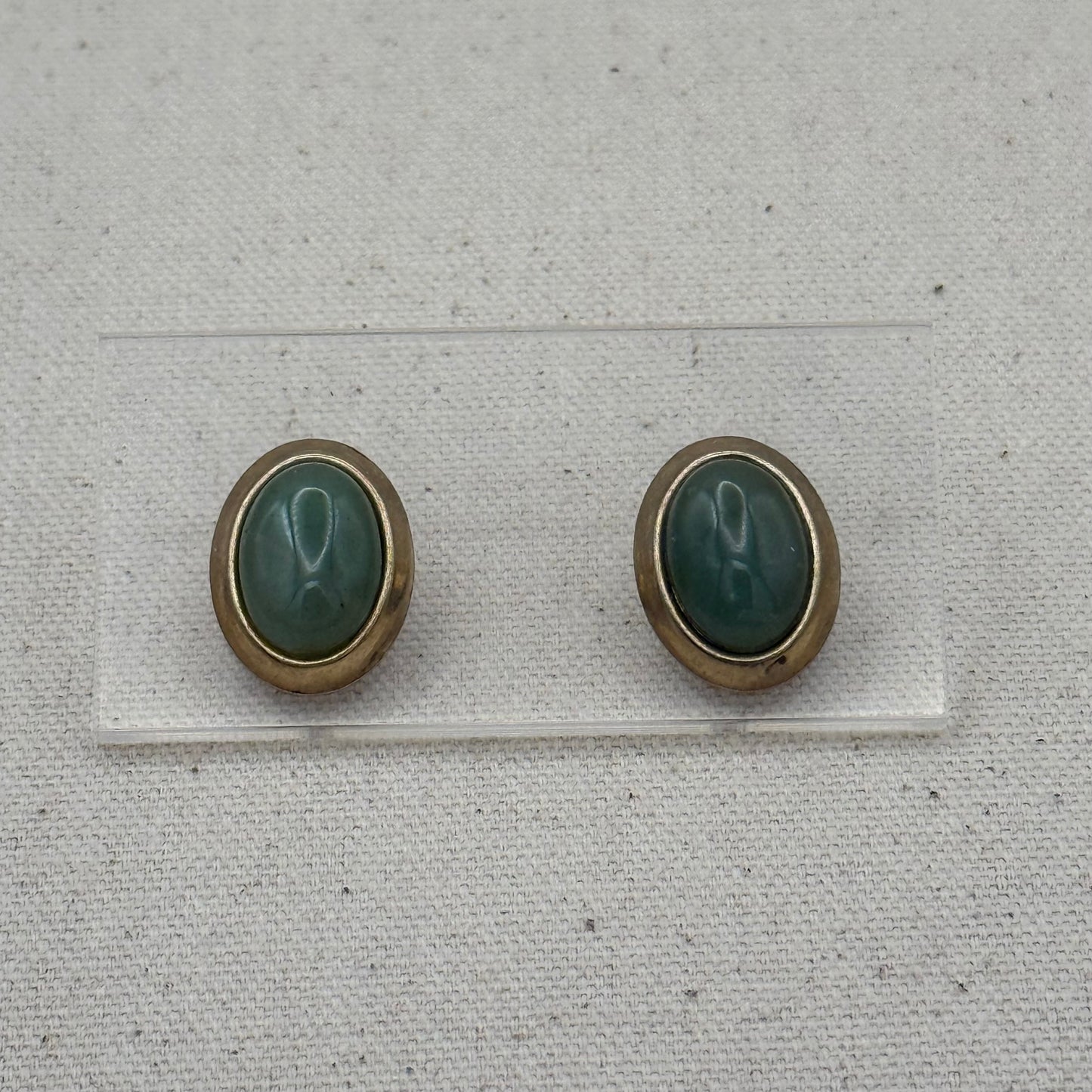 Green Cabochon Framed in Gold Tone Earrings