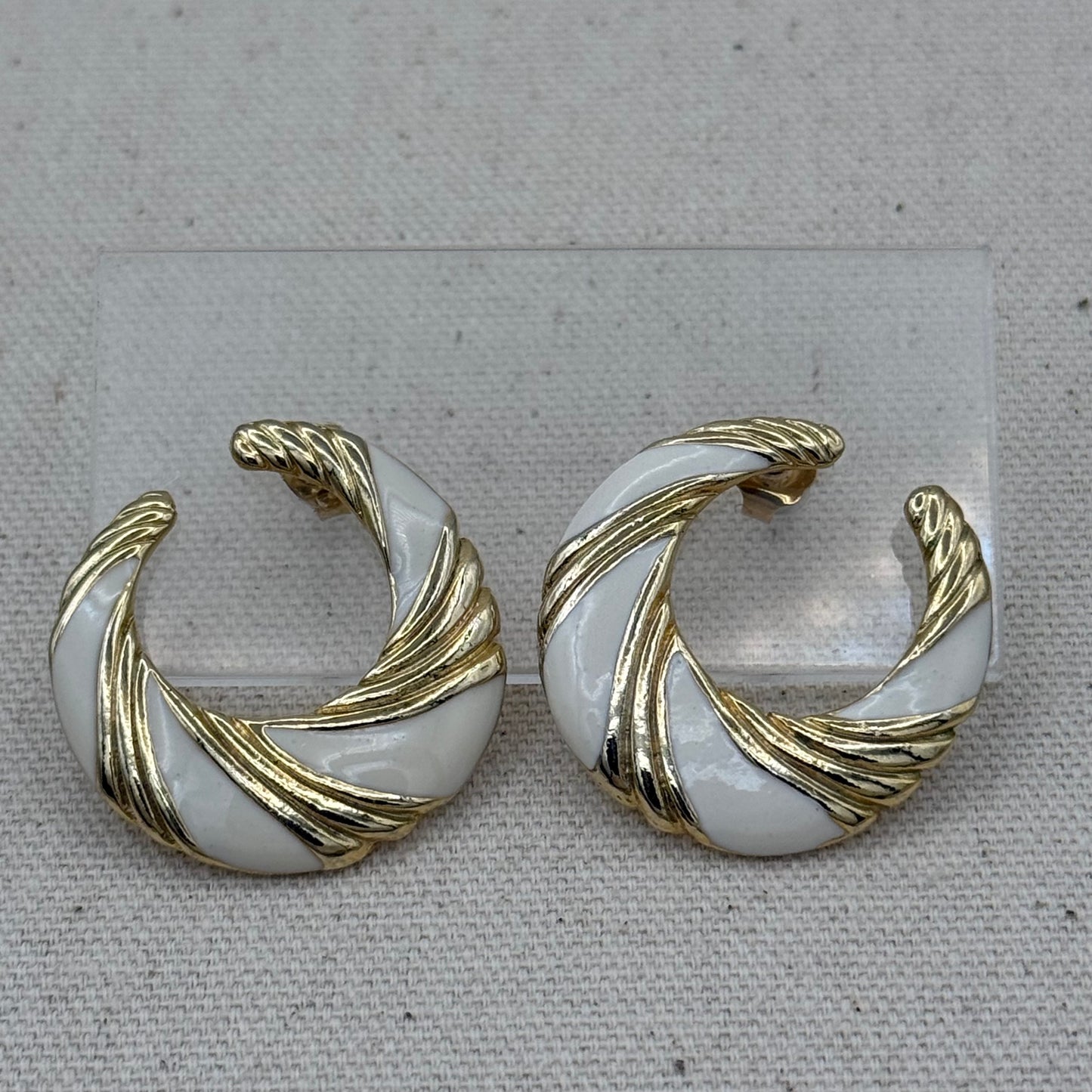 Cream Enamel and Gold Swirl Earrings