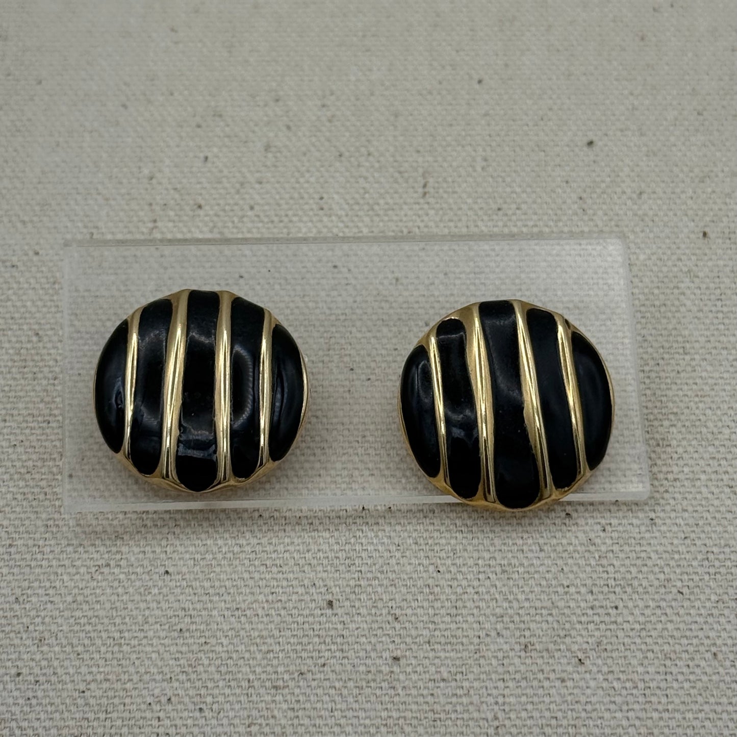 Black Enamel Circle Earrings with Gold Tone Stripes
