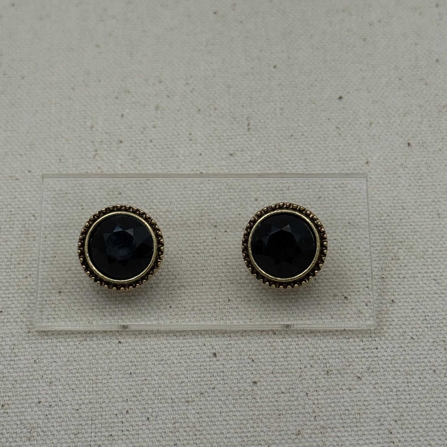 Faceted Black Glass Stud Earrings with Antique Bezel