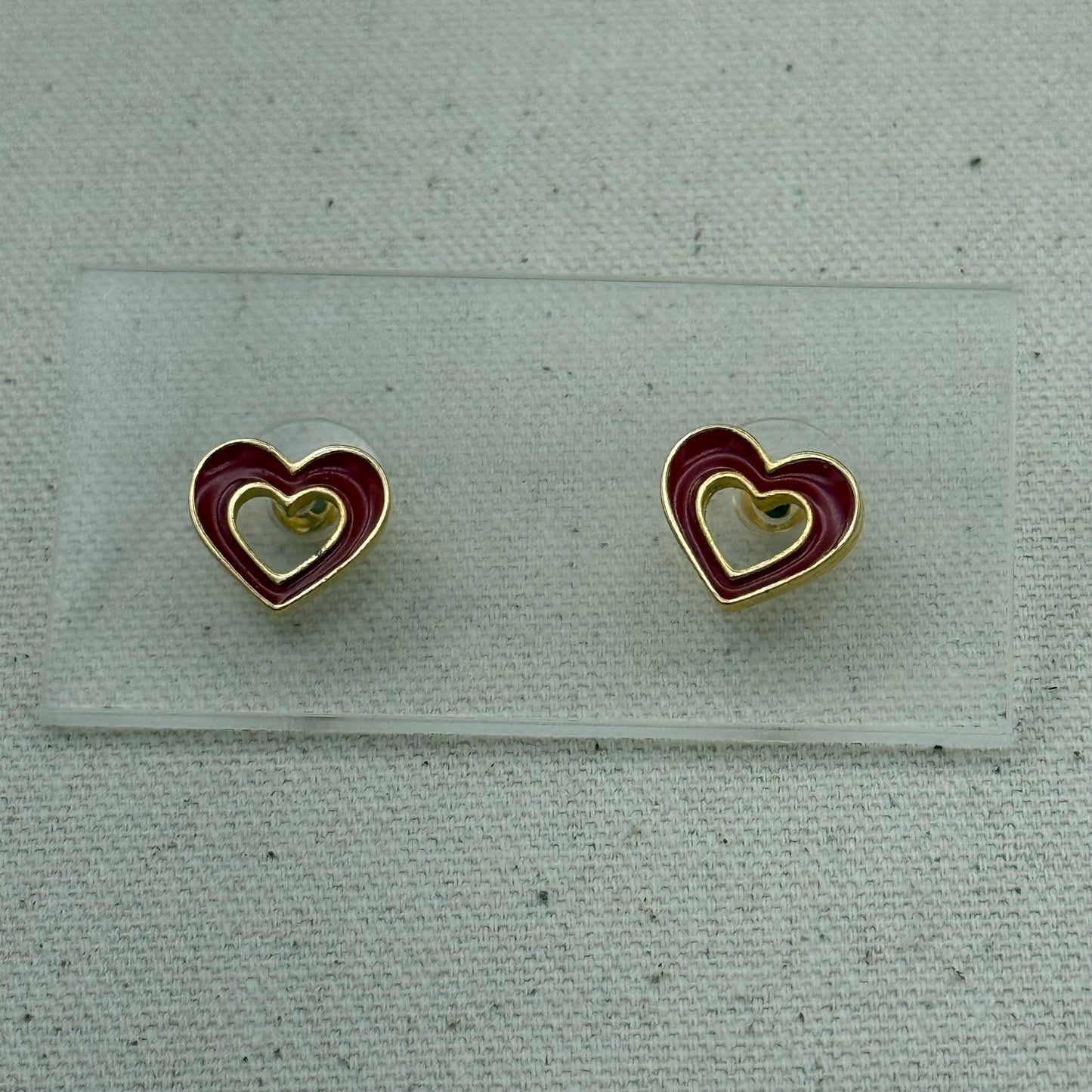Red Enamel Double Heart Stud Earrings