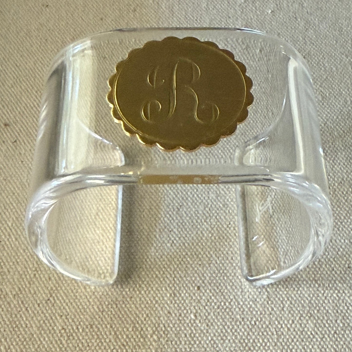 Gold Tone Scallop "R" Monogram Wide Acrylic Cuff (SM)