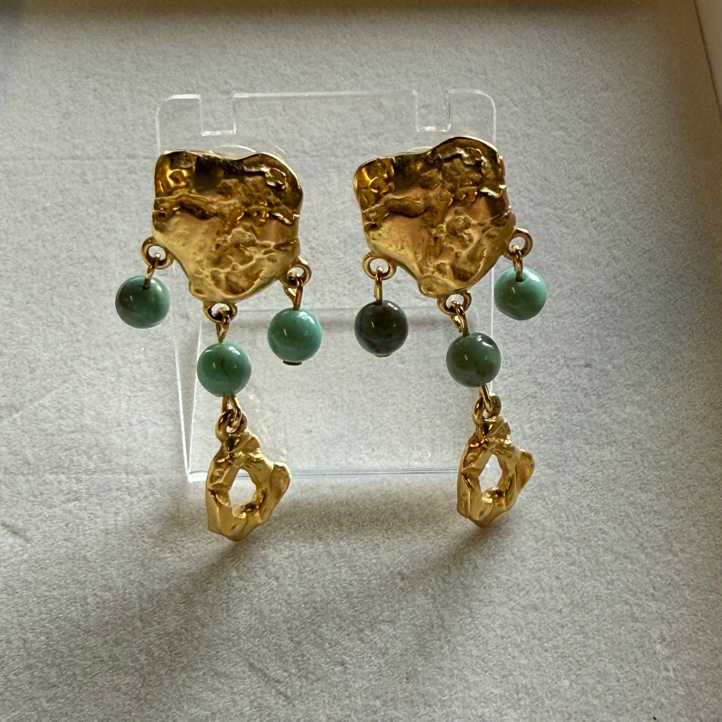 Vintage Artisan Gold Tone & Turquoise Drop Earrings