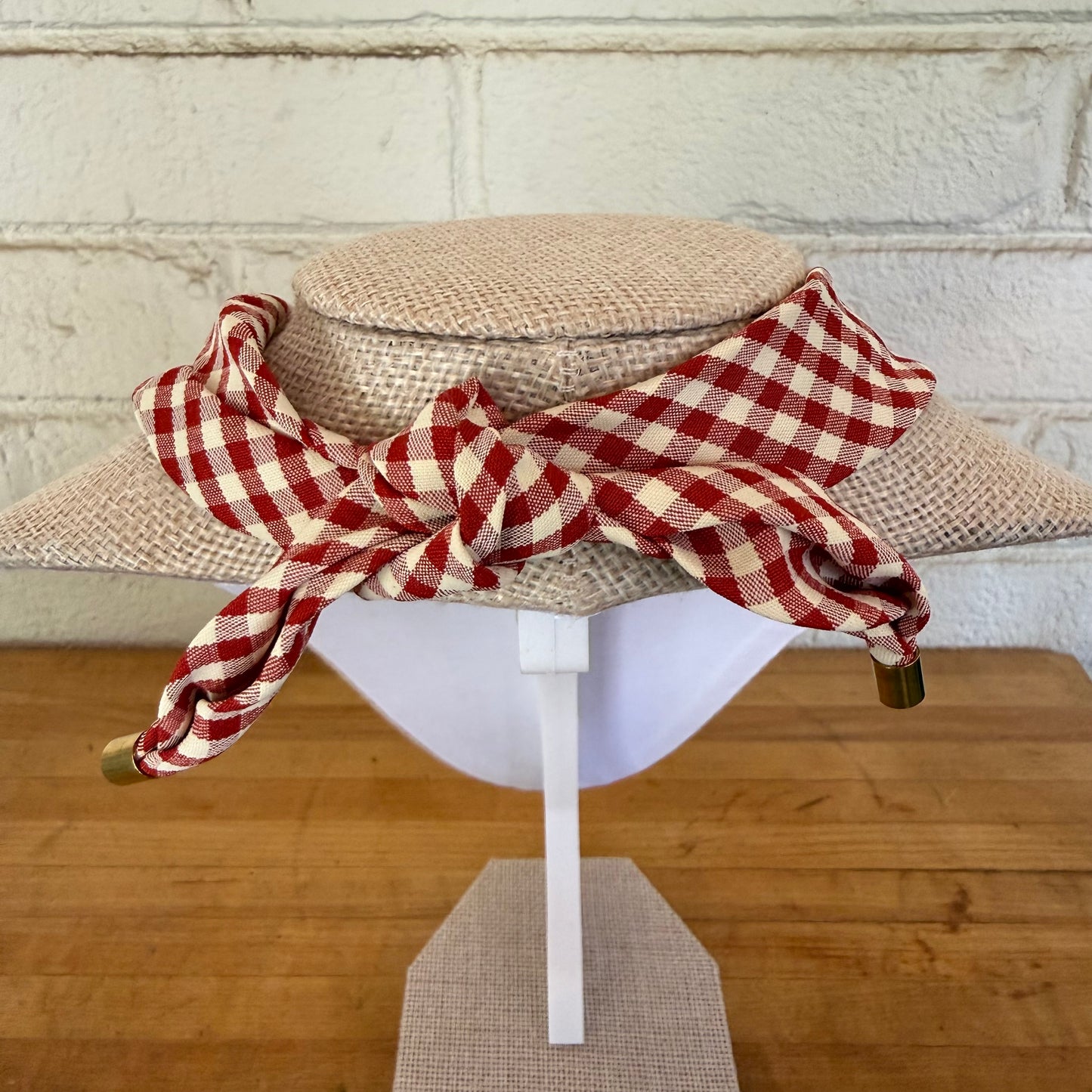 Red Gingham Knotted Scarf Necklace - Enamel Bee