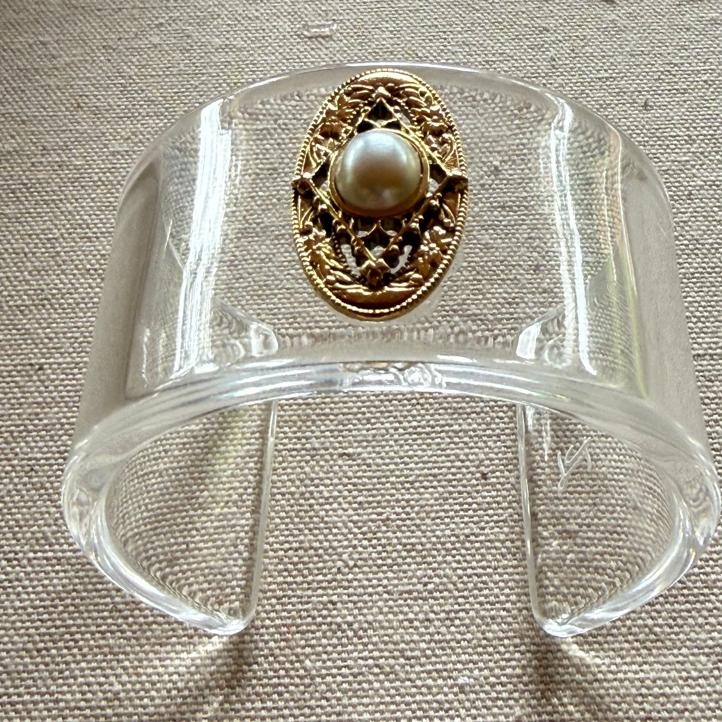 Goldtone Filigree & Pearl Narrow Oval Wide Acrylic Cuff (SM)