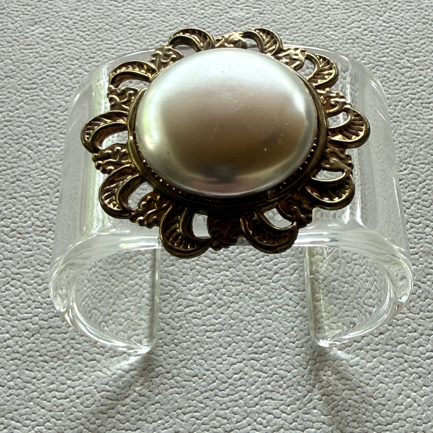 Brass Filigree and Faux Pearl Wide Acrylic Cuff (PETITE)