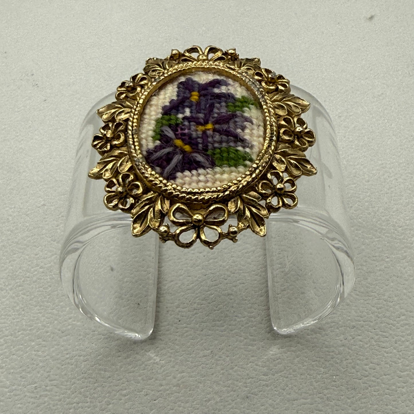Purple Floral Needlepoint Wide Acrylic Cuff (SM)
