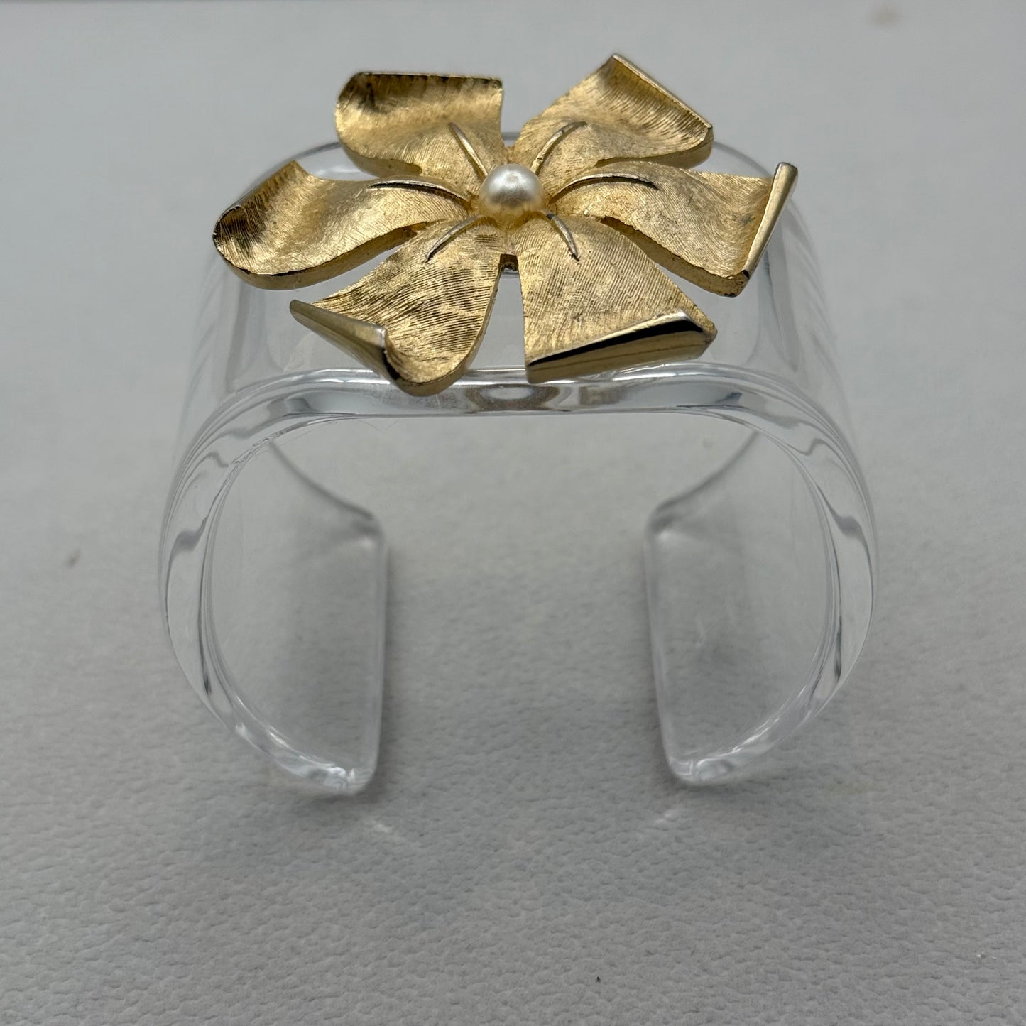 Brushed Sculptural Flower with Pearl Wide Acrylic Cuff (MD)