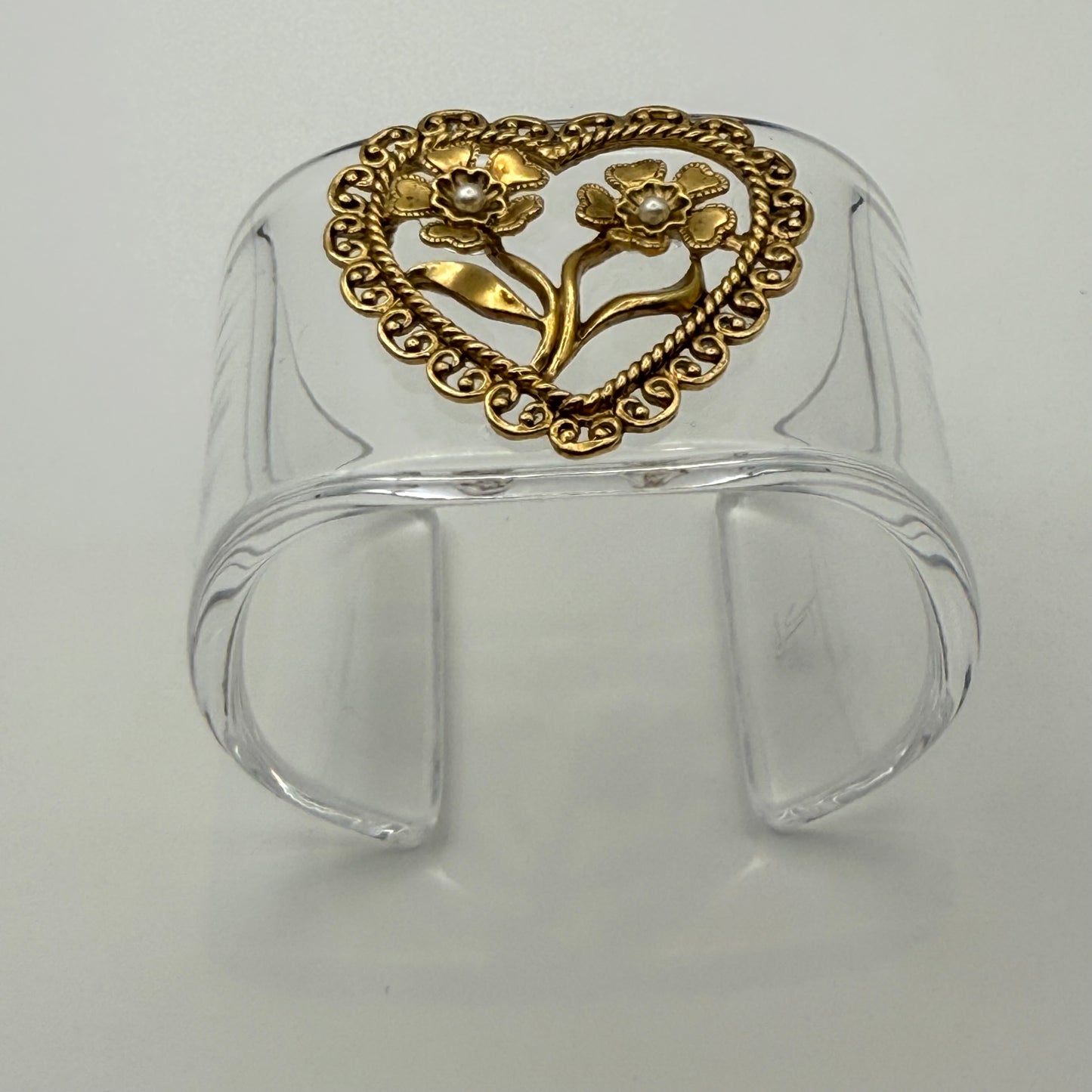 Filigree and Pearl Heart Wide Acrylic Cuff (SM)