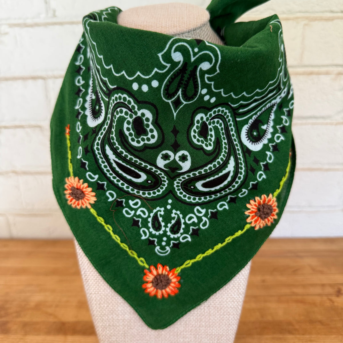 Dark Green MS Made Hand Embroidered Cotton Bandana (florals)
