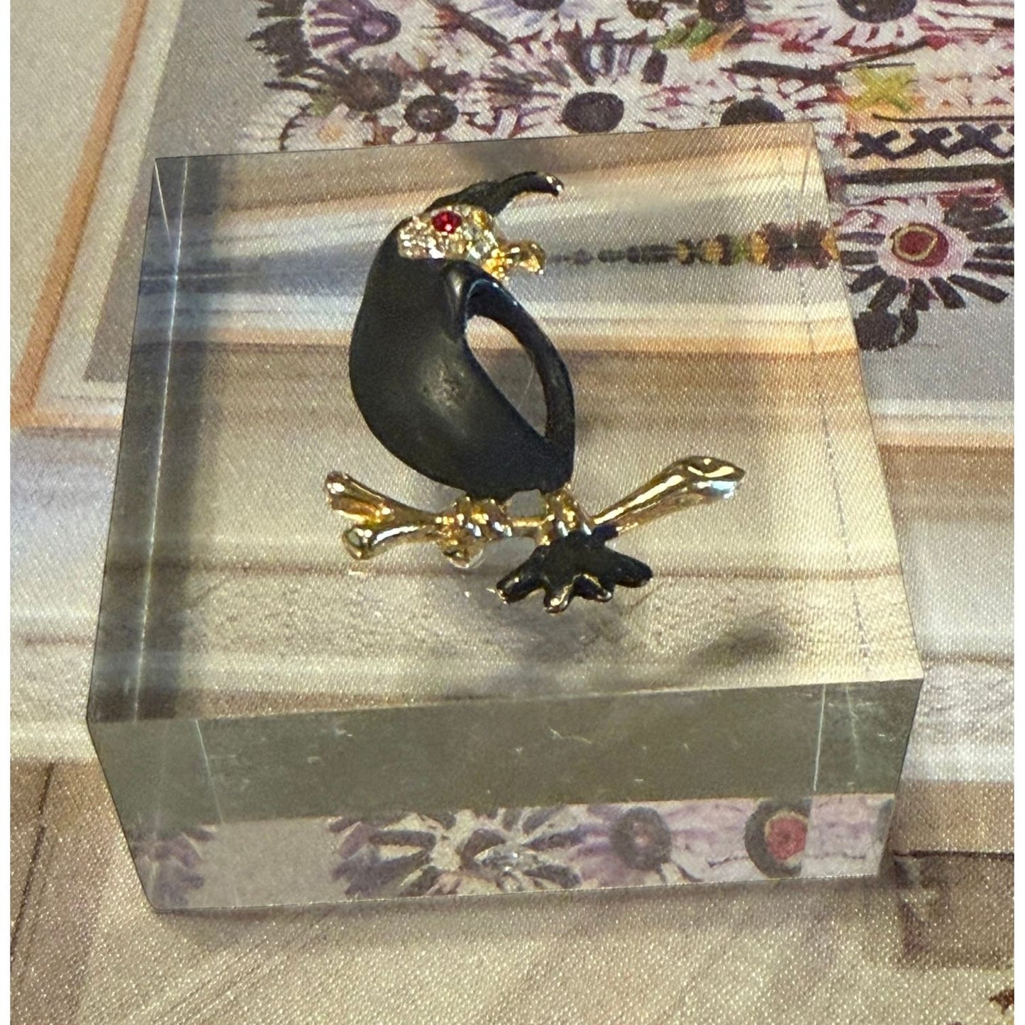 Whimsical Black Enamel Bird Acrylic Cube