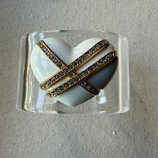 White Enamel Heart with Rhinestones Wide Acrylic Cuff (SM)