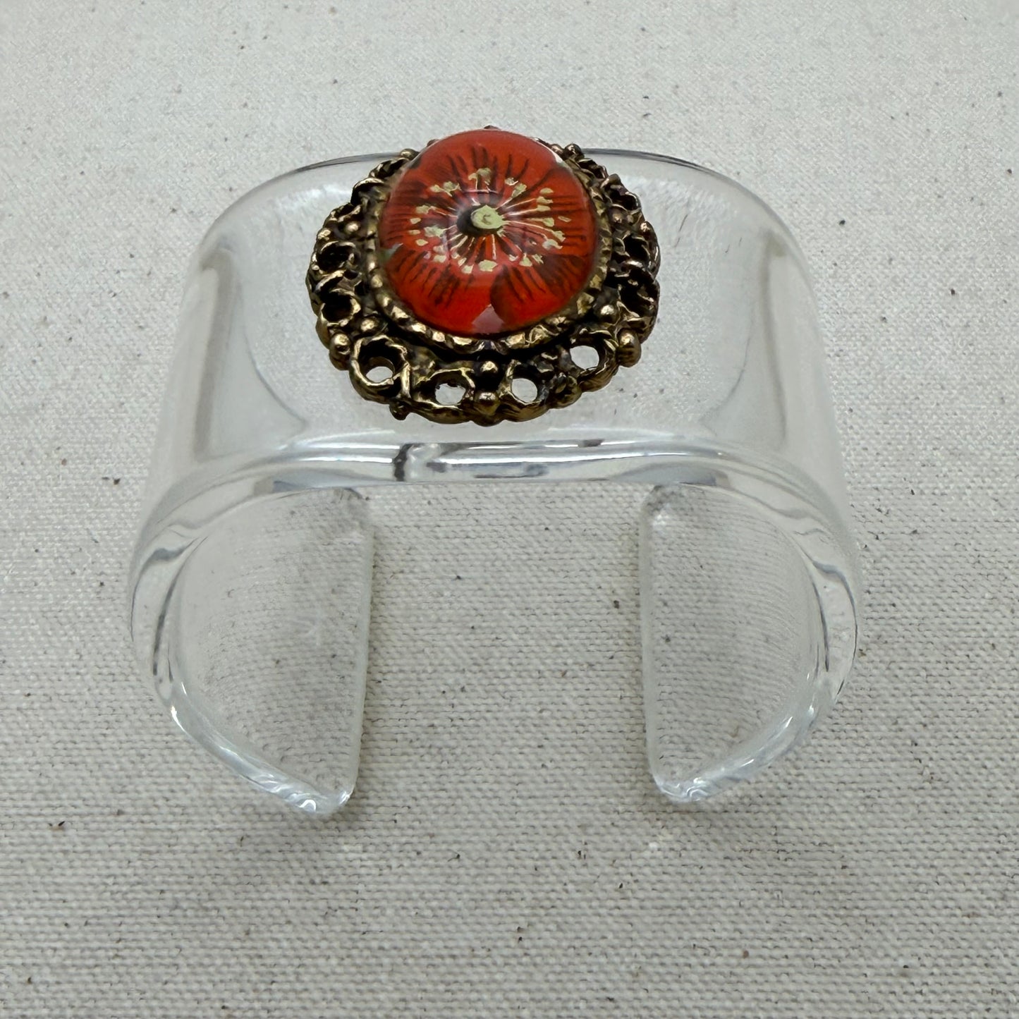 Orangish-Red Floral Cabochon Wide Acrylic Cuff (SM)
