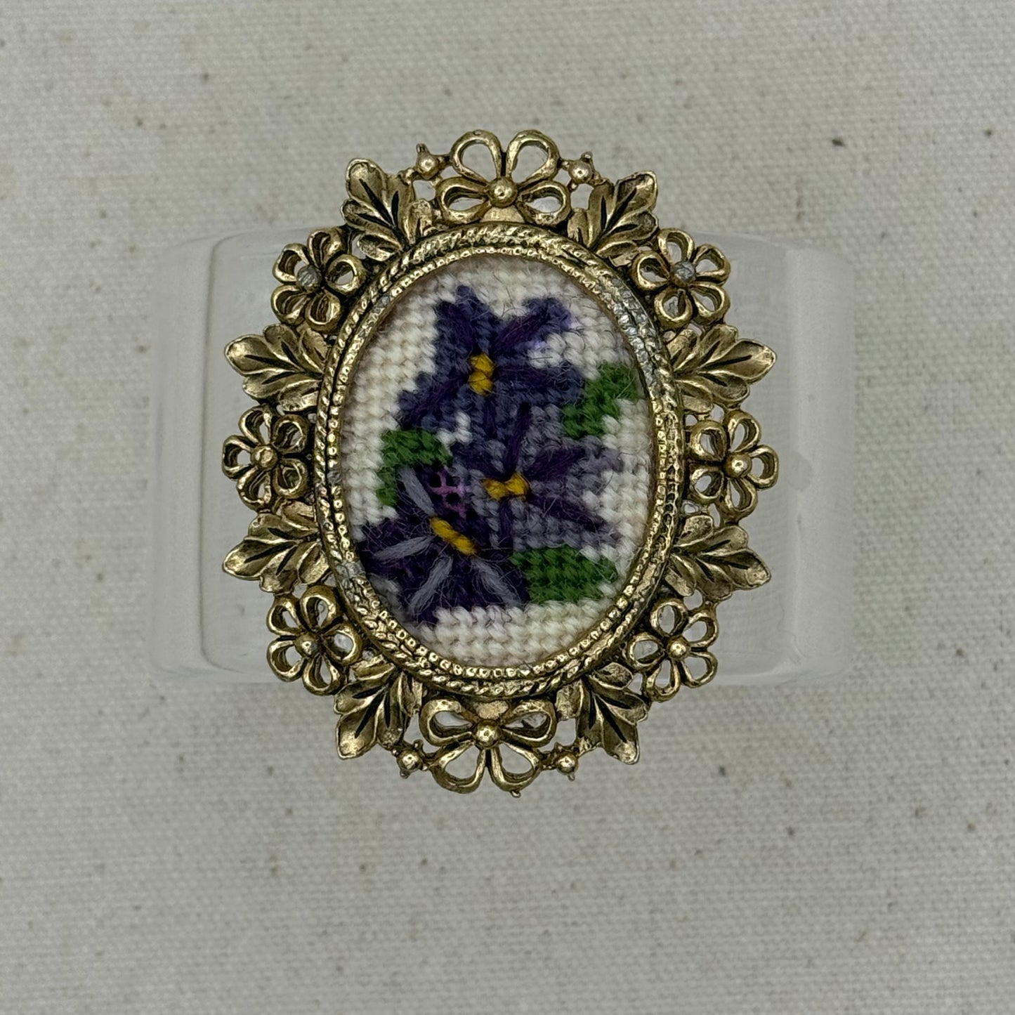 Purple Floral Needlepoint Wide Acrylic Cuff (MD)