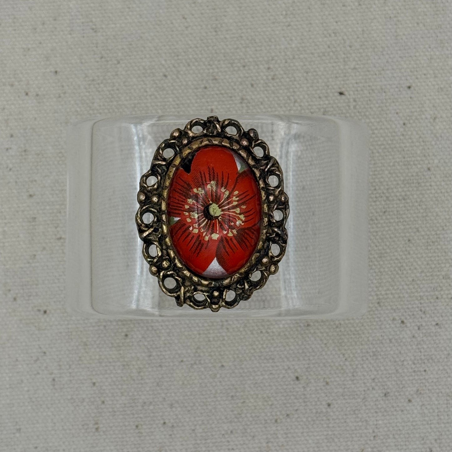 Orangish-Red Floral Cabochon Wide Acrylic Cuff (SM)