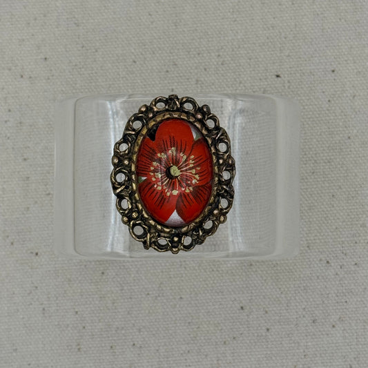 Orangish-Red Floral Cabochon Wide Acrylic Cuff (PETITE)