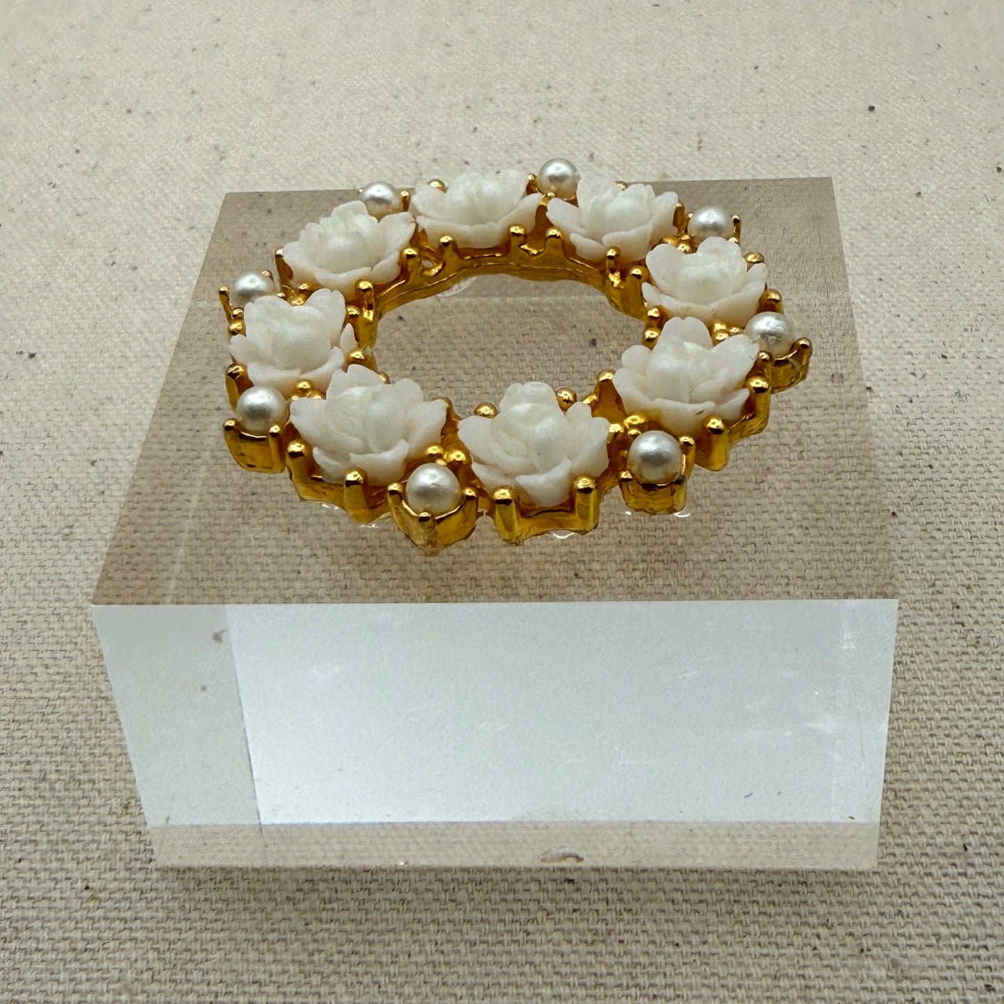 White Floral and Pearl Wreath Acrylic Cube
