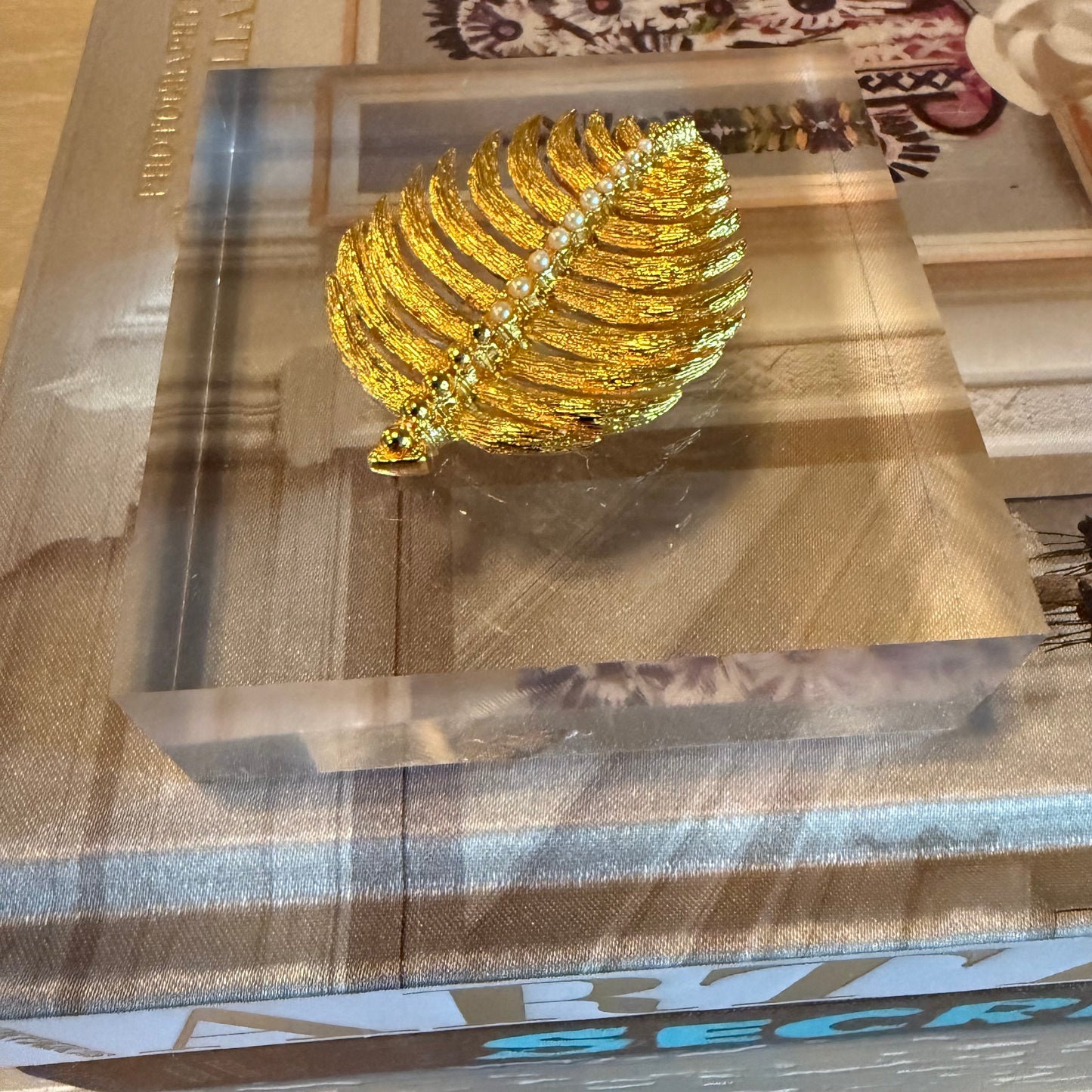 Palm Leaf with Pearls Acrylic Cube