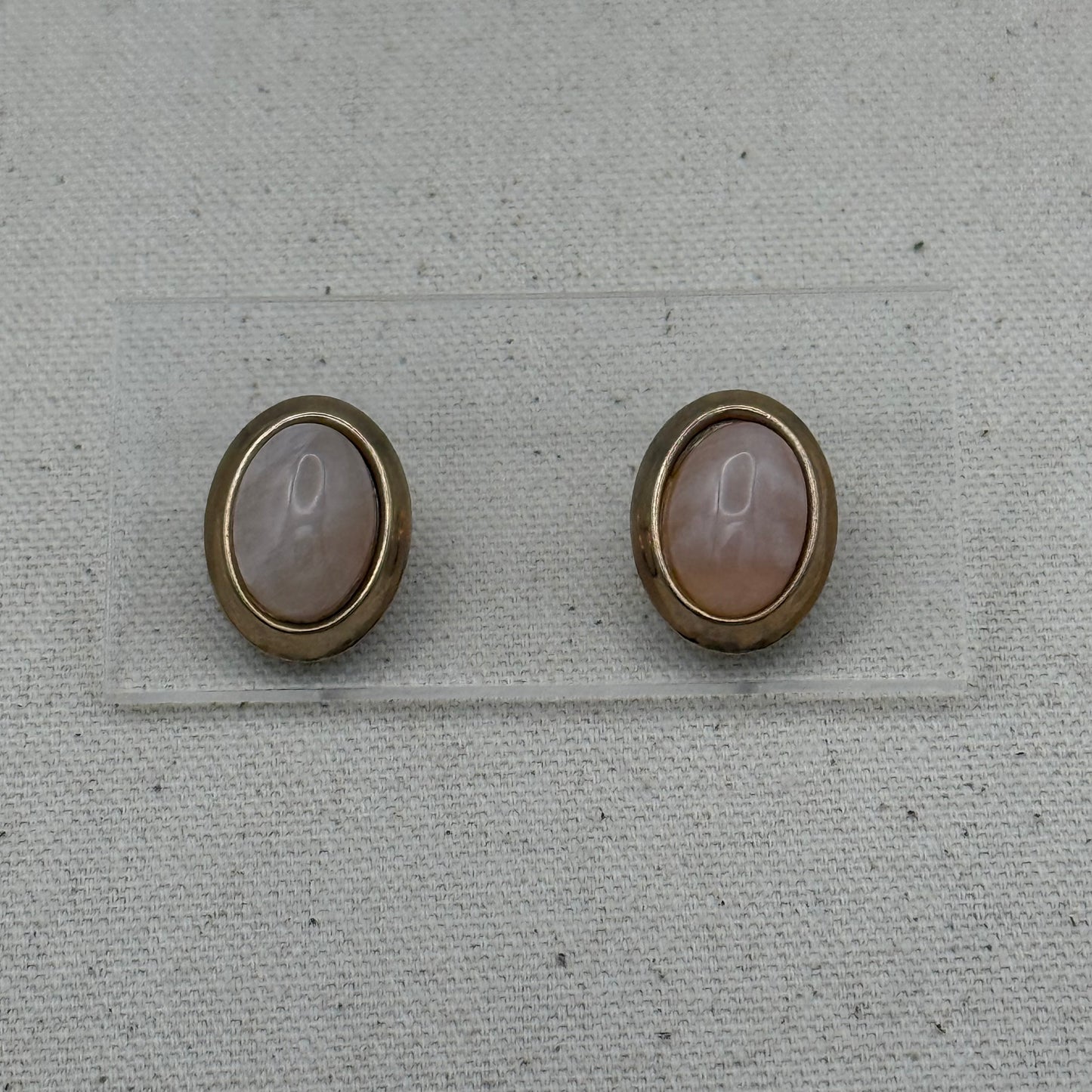 Pink Cabochon Framed in Gold Tone Earrings
