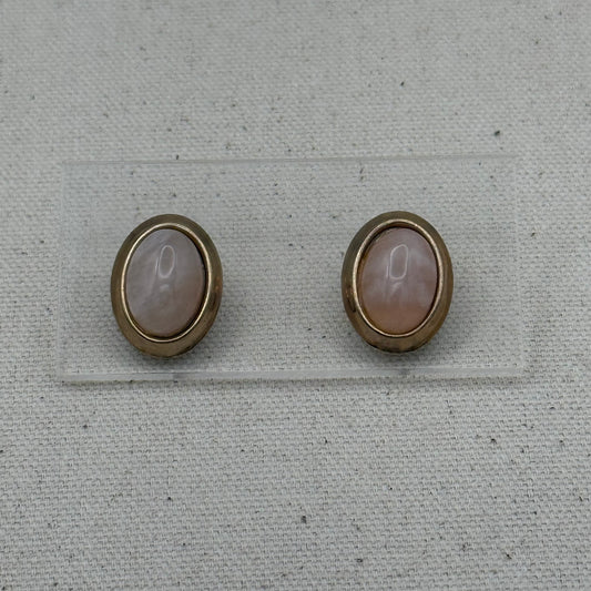 Pink Cabochon Framed in Gold Tone Earrings