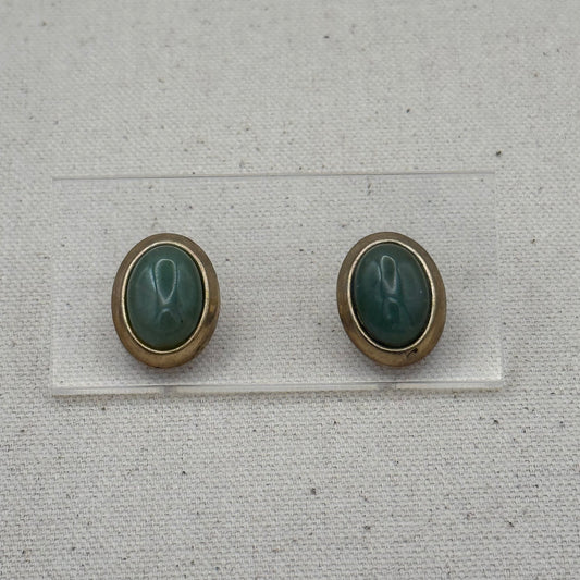 Green Cabochon Framed in Gold Tone Earrings