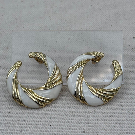 Cream Enamel and Gold Swirl Earrings