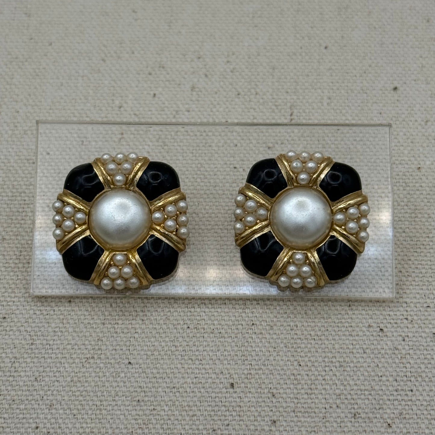 Black Enamel & Faux Pearl Cluster Earrings