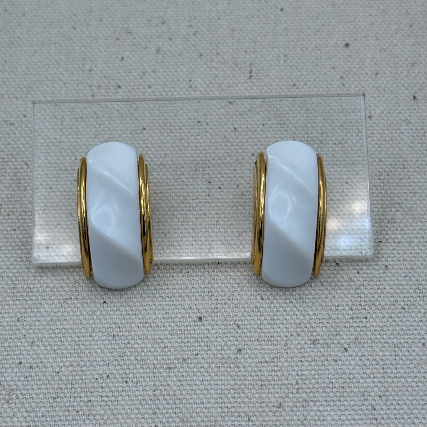 White Lucite-Like Half Hoops with Gold Tone Trim Earrings