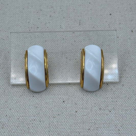 White Lucite-Like Half Hoops with Gold Tone Trim Earrings
