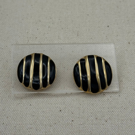 Black Enamel Circle Earrings with Gold Tone Stripes