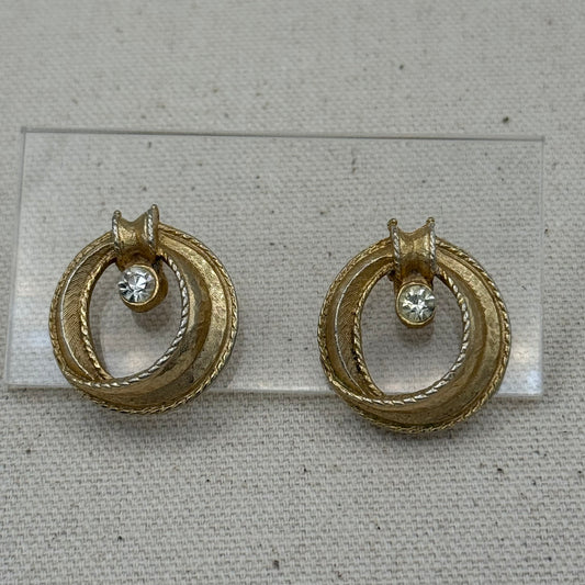 Gold Rope Circle Earrings with Crystal Drop