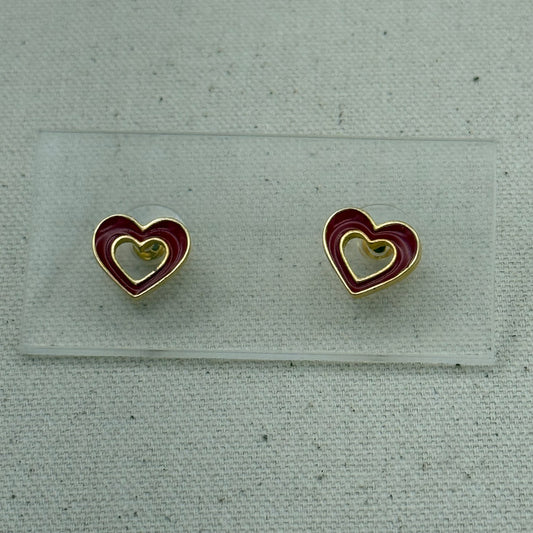 Red Enamel Double Heart Stud Earrings