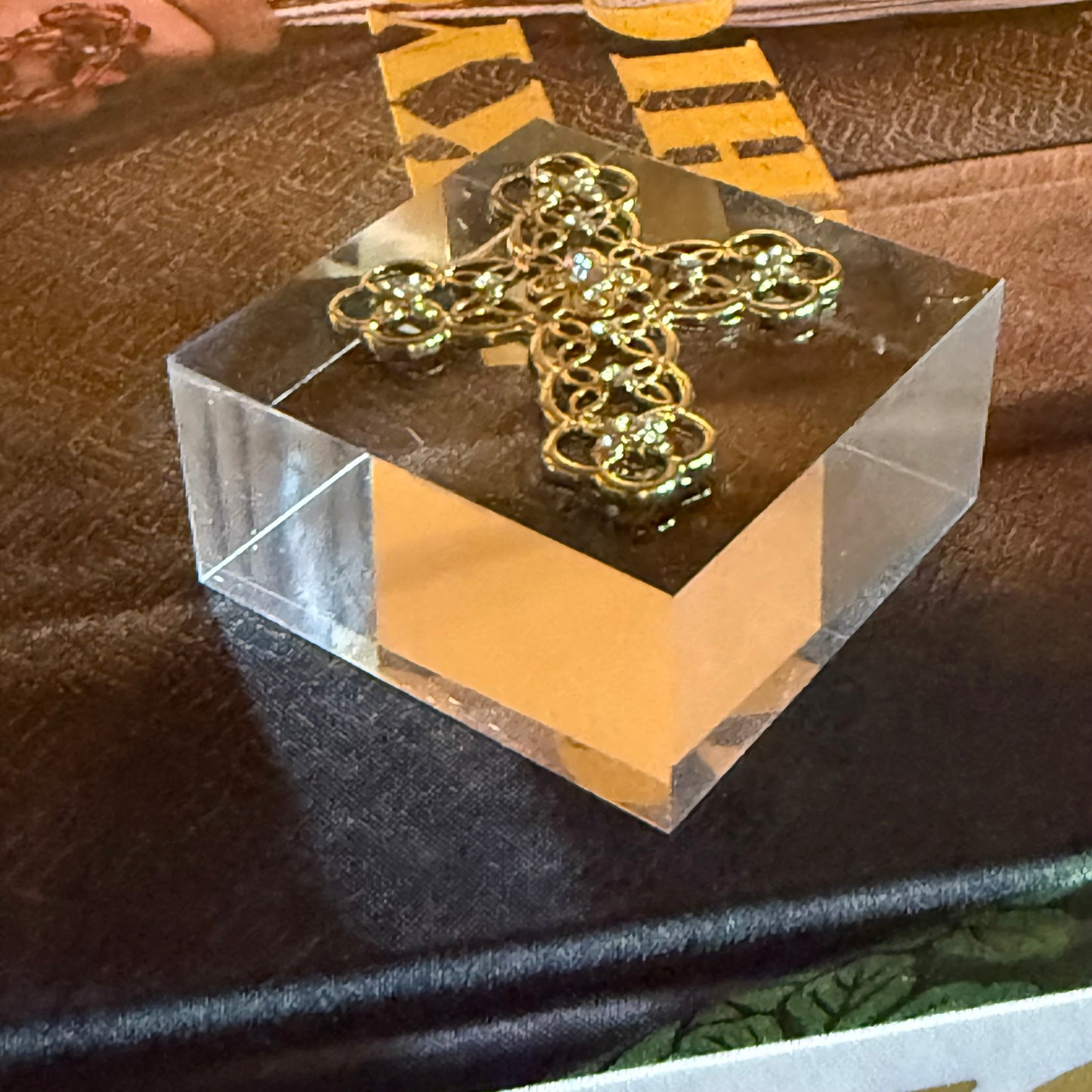 Crystal Filigree Cross Acrylic Cube