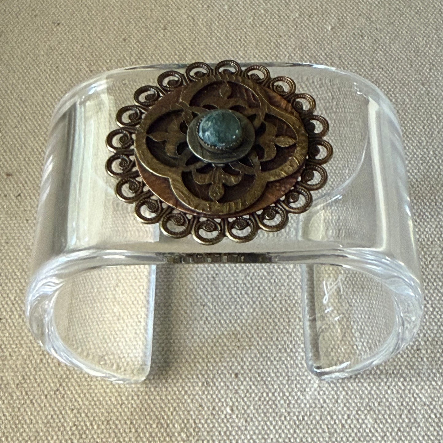 Ornate Medallion Green Stone Wide Acrylic Cuff (OSFM)