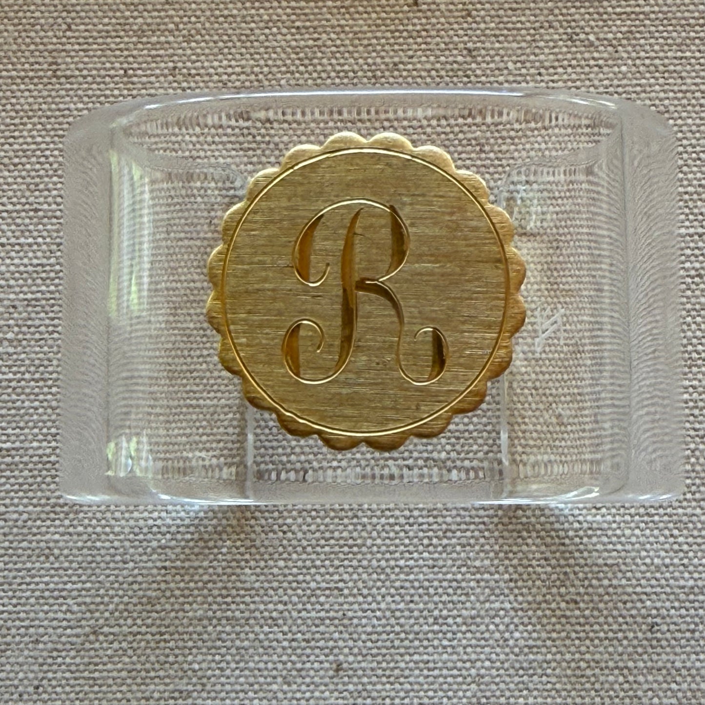 Gold Tone Scallop "R" Monogram Wide Acrylic Cuff (SM)