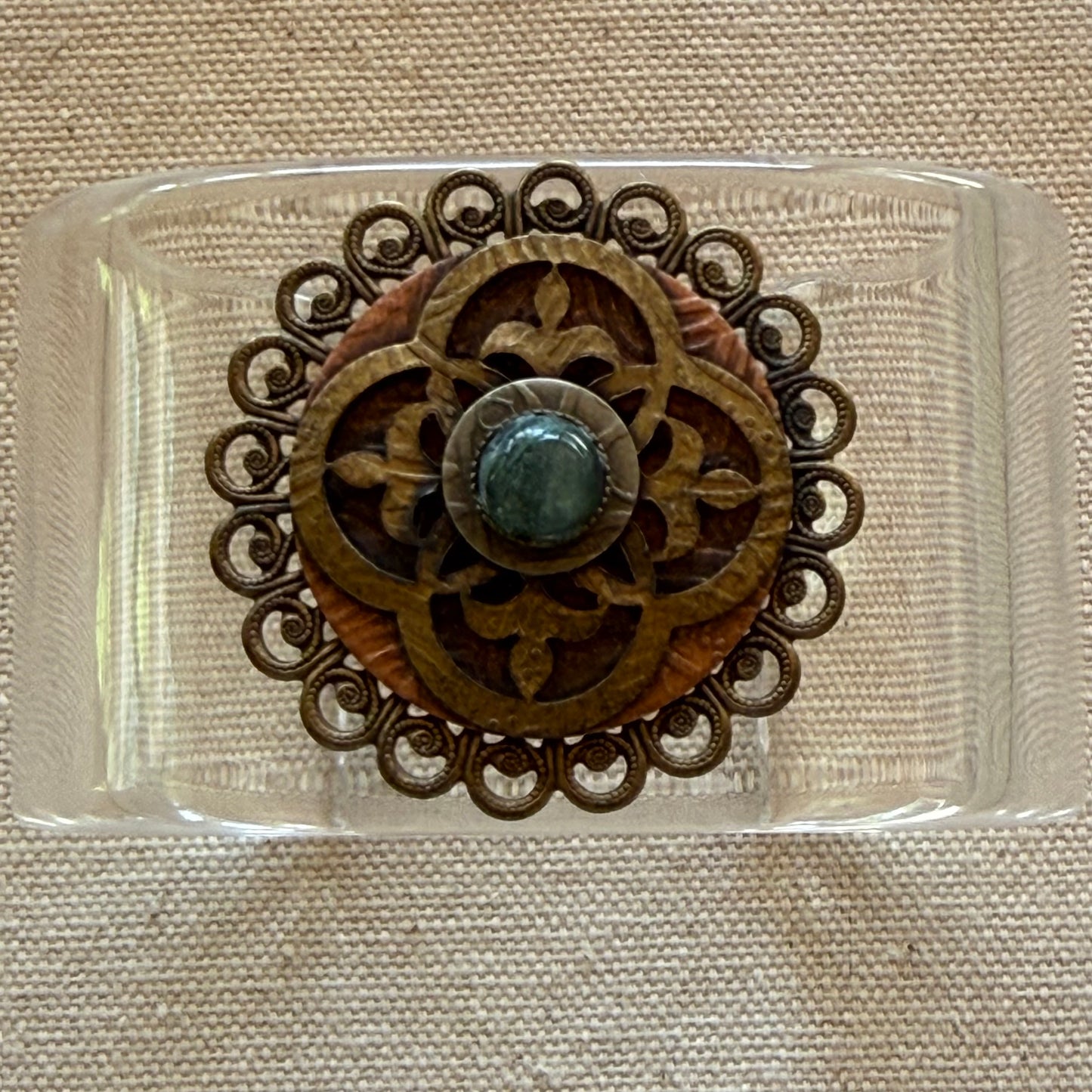 Ornate Medallion Green Stone Wide Acrylic Cuff (OSFM)