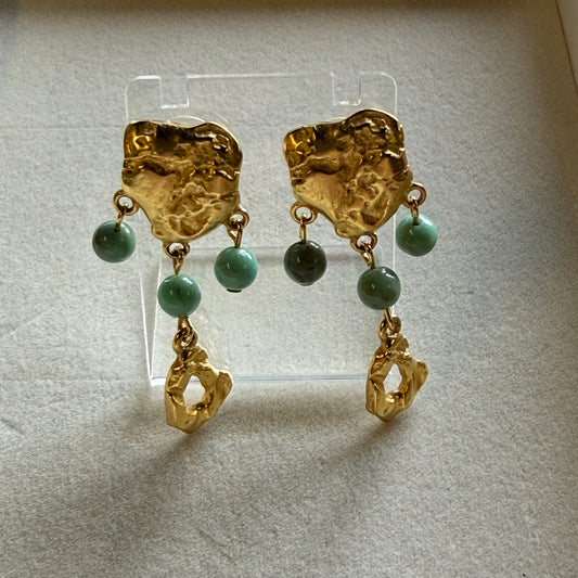 Vintage Artisan Gold Tone & Turquoise  Drop Earrings