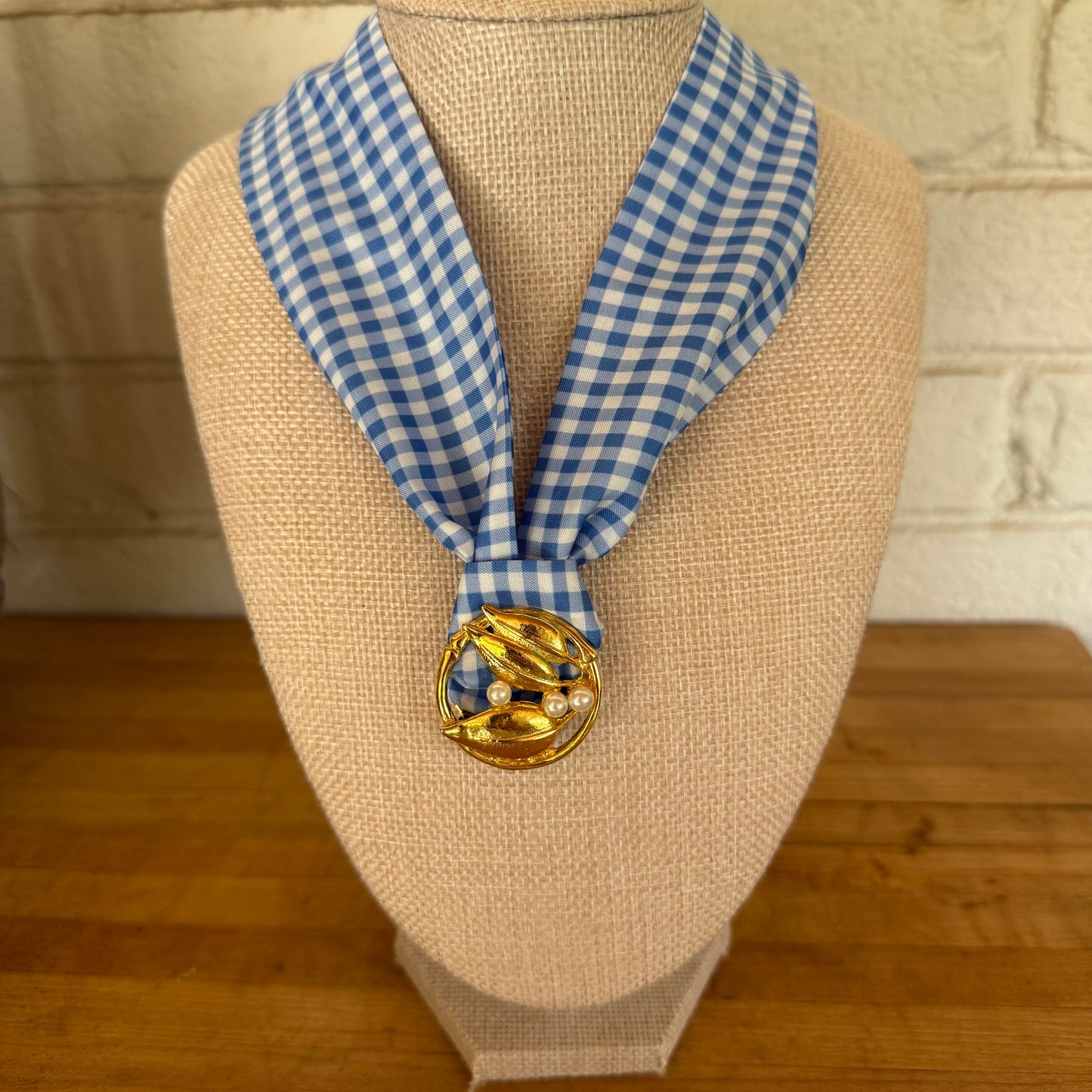 Blue Gingham and Pearl Scarf Necklace