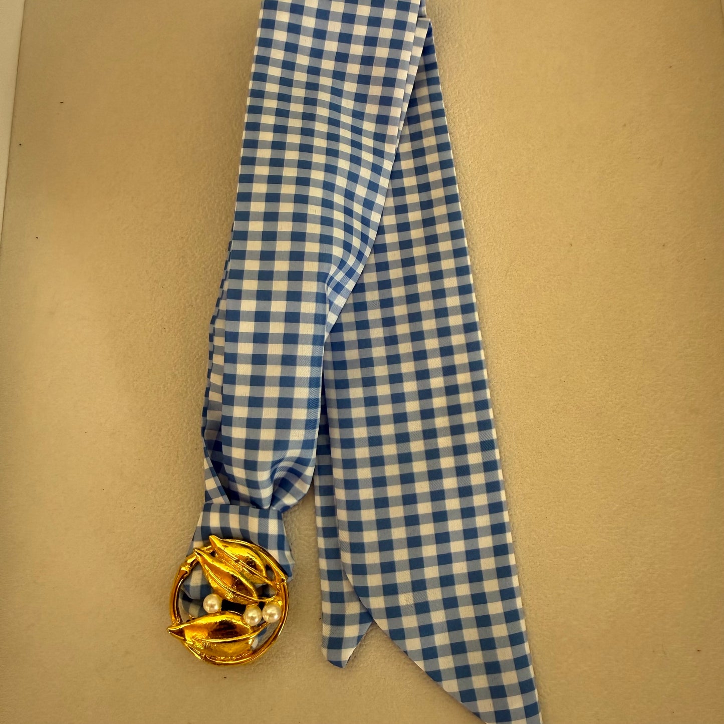 Blue Gingham and Pearl Scarf Necklace