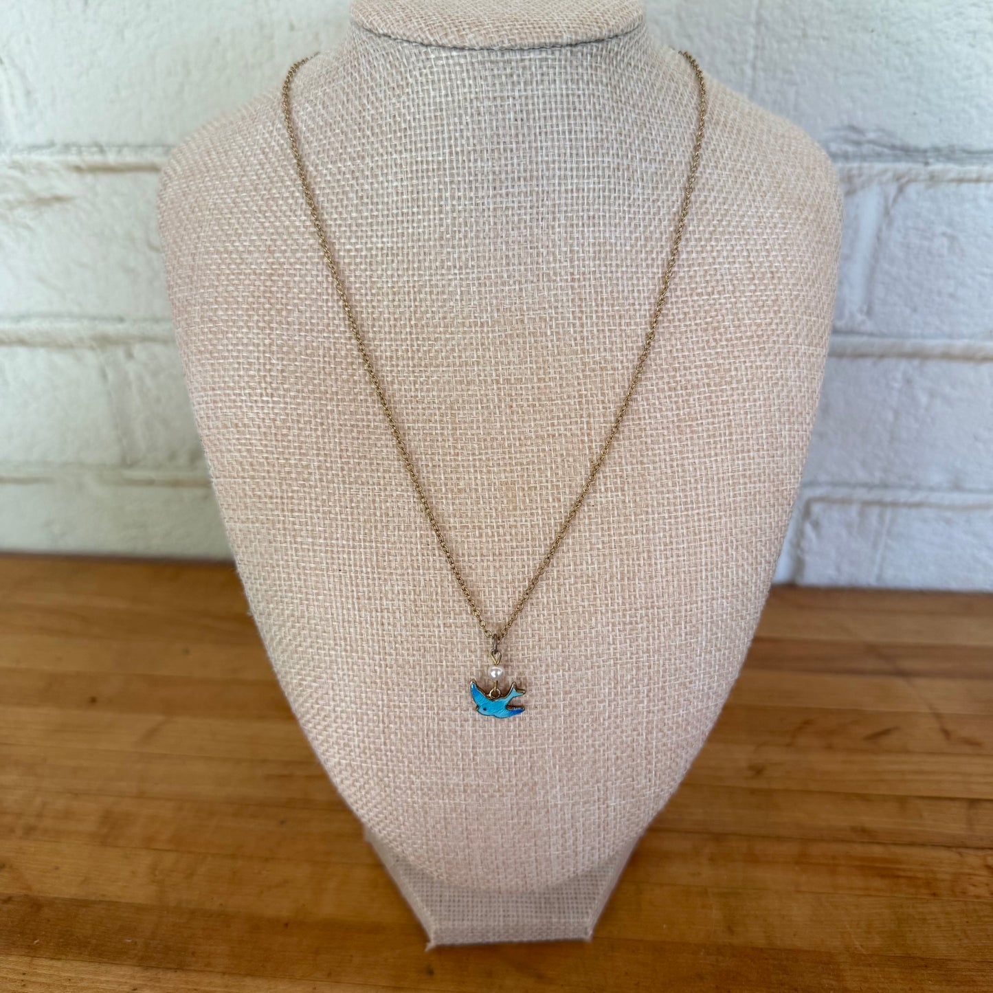 Blue Enamel Bird Necklace with Pearl Layering Necklace