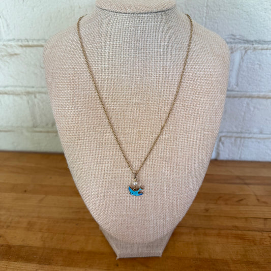 Blue Enamel Bird Necklace with Pearl Layering Necklace
