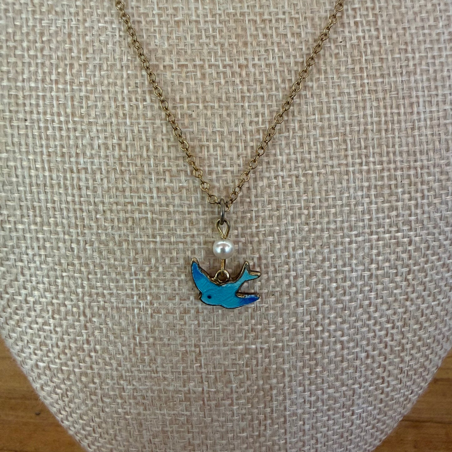 Blue Enamel Bird Necklace with Pearl Layering Necklace