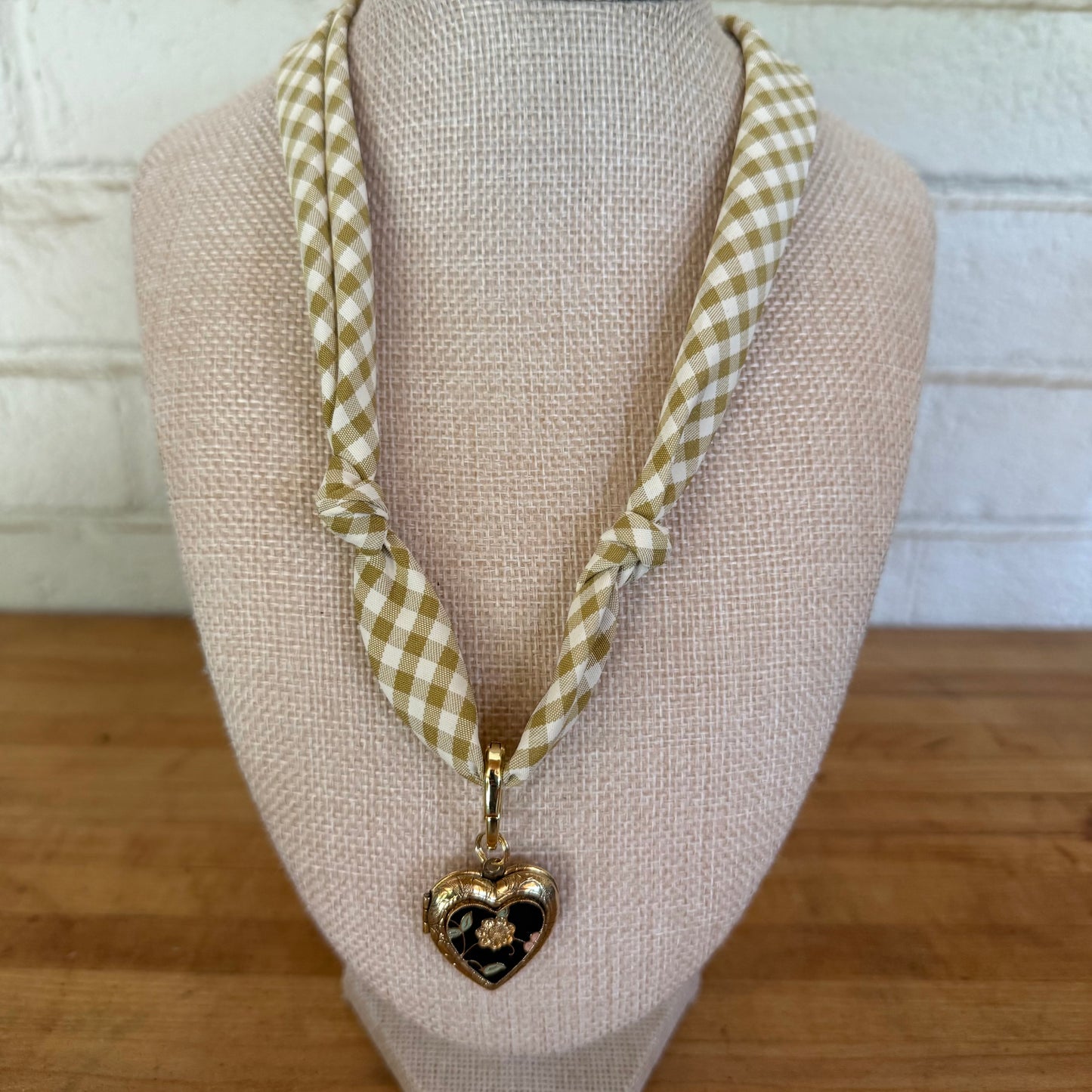 Olive Gingham Knotted Scarf Necklace - Enamel Heart Locket