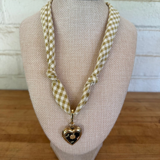 Olive Gingham Knotted Scarf Necklace - Enamel Heart Locket