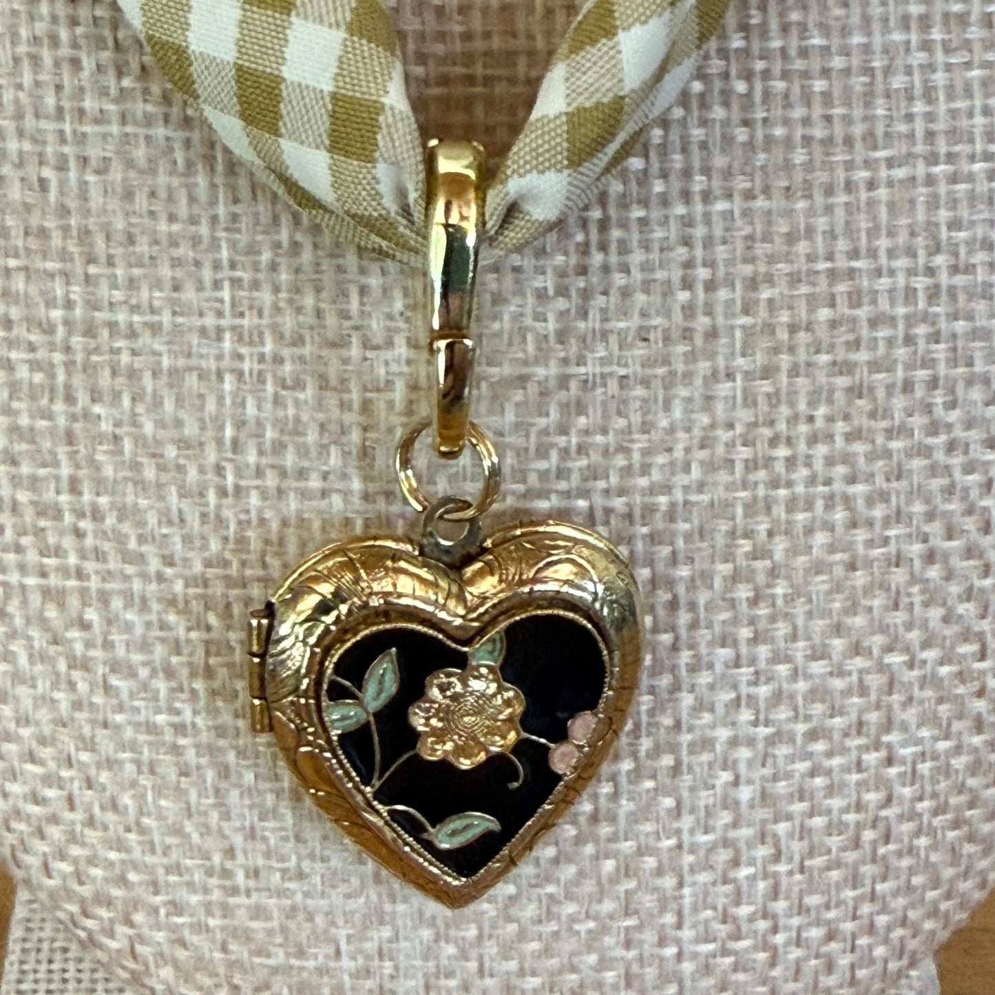 Olive Gingham Knotted Scarf Necklace - Enamel Heart Locket