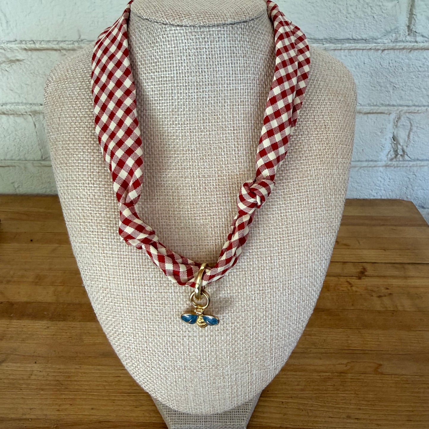Red Gingham Knotted Scarf Necklace - Enamel Bee