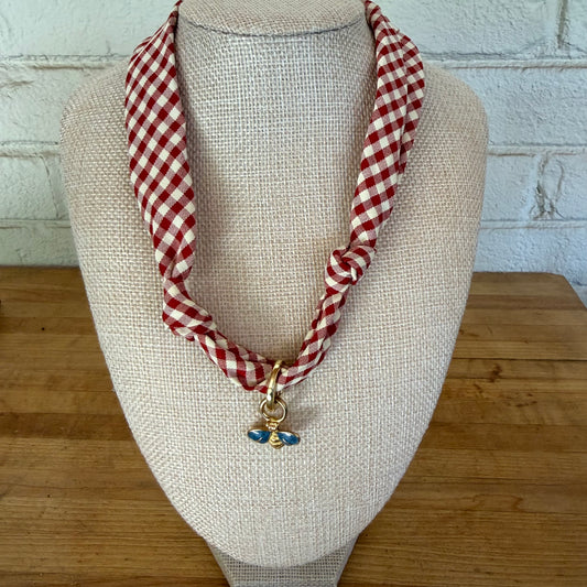 Red Gingham Knotted Scarf Necklace - Enamel Bee