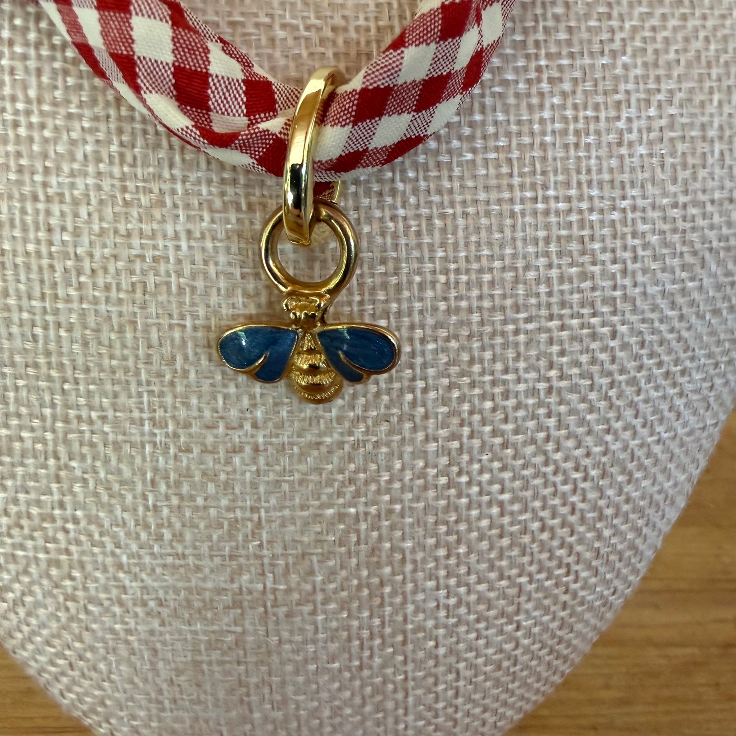 Red Gingham Knotted Scarf Necklace - Enamel Bee